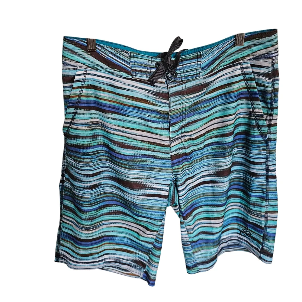 PrAna Mens Swim Boardshorts Size 33 Linear Hybrid Shorts Blue Jay Striped